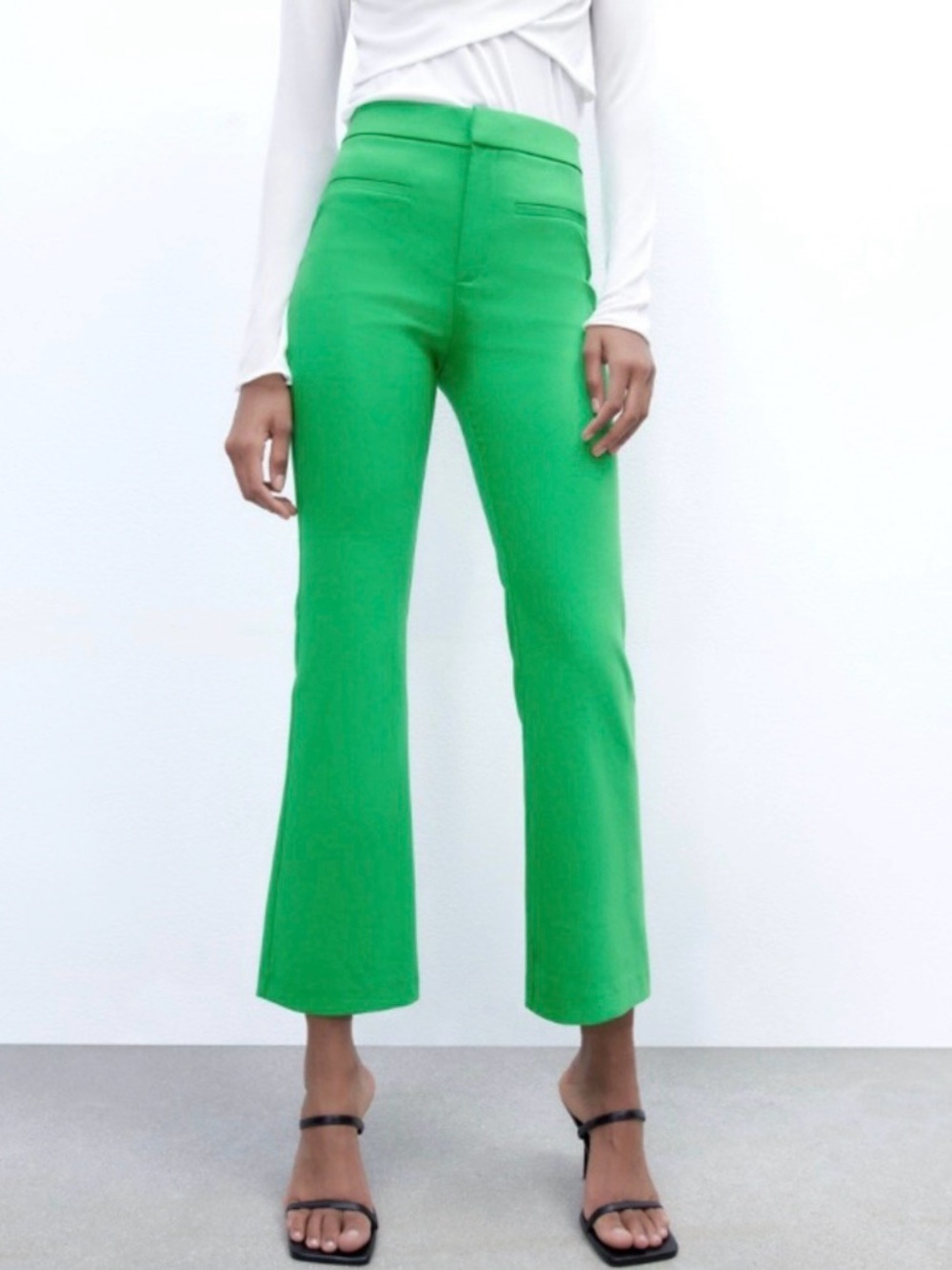 Zara Green High-Waisted Cropped Flare Pants